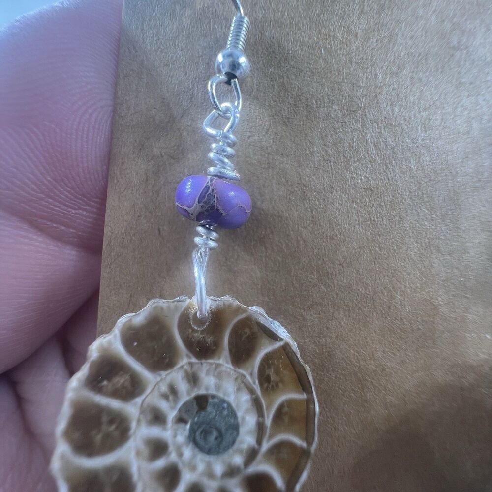 Natural Ammonite Fossil Gesmtone Sterling Silver Earrings Handmade With Opal - Picture 4 of 8